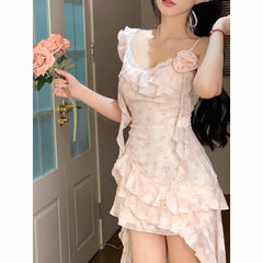 Ingvn  Pure Desire Fairy Tale Floral Print Halter Dress Summer Beautiful Beach Vacation Style Asymmetrical Hem Long Skirt Women's Fa...