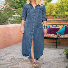 Ingvn  Women's Summer Solid Color Casual Pocket Denim Long Dress Fashionable Flip Collar Button Long Sleeve Denim Loose Long Dress