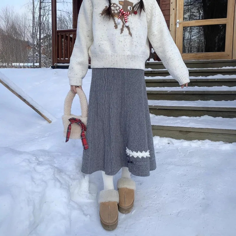 Ingvn -  Autumn Women Sweet Bow Knitted Long Skirt Solid A-line Midi Skirt High Waist Elegant Ladies Half Skirt Daily Bottoms