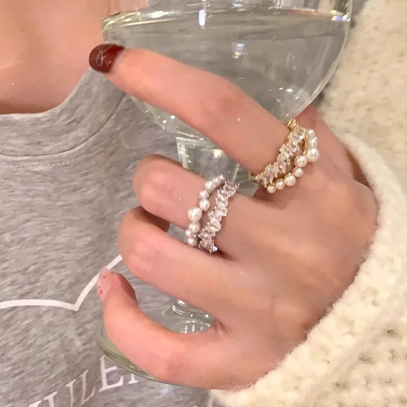 Ingvn  Fashion Trend Pink Crystal Bowknot Heart Rings Zircon Ring Y2K Shiny Zircon Rings for Women Girls Party Aesthetic Jewelry