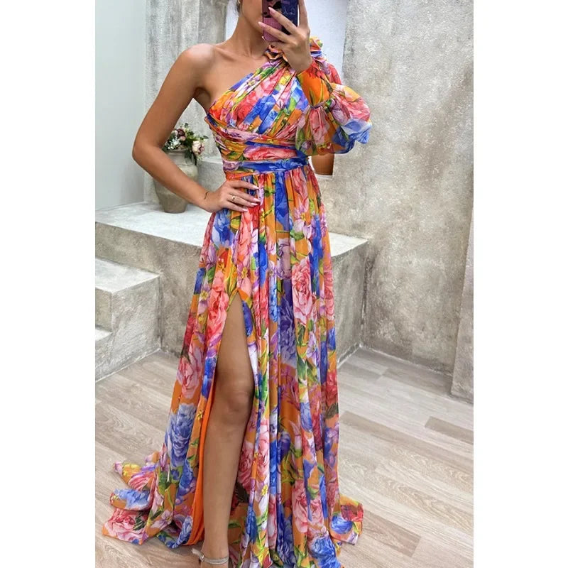 Ingvn  Autumn Women's Casual Long Sleeved Waist Tied  Off Shoulder Dress with Slanted Collar and Holiday Party Fashion Print Slit Dress