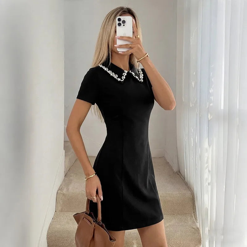 Ingvn  Summer Women's Clothing Beaded Short Sleeve High Waist Casual Wear Plus Size Dress For Woman Loose Fit Polyester T Shirt