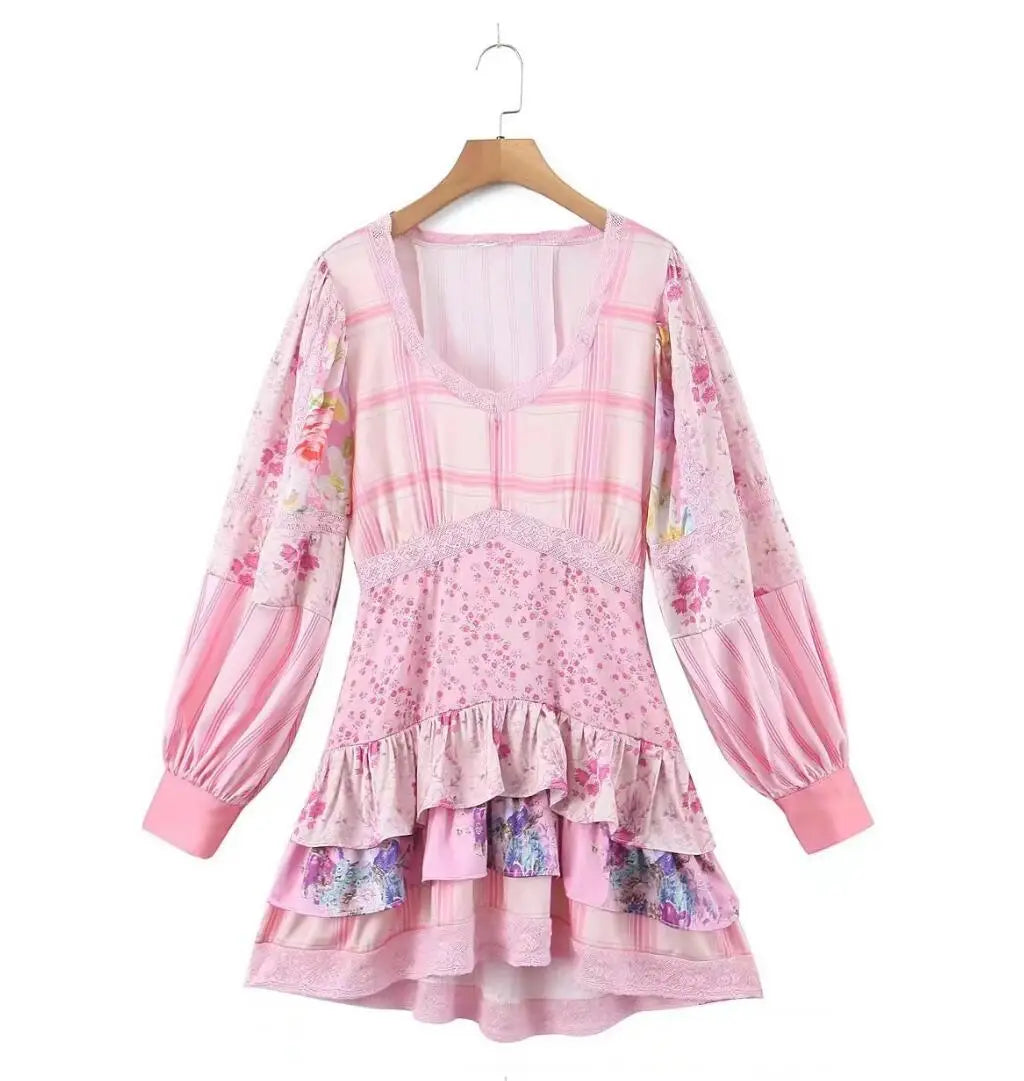 Ingvn  Holiday Contrast Color Floral Print Lantern Sleeve Mini Dress Bow Sashes Ruched Pleated Waist Ruffles Hem Women Dresses Robe