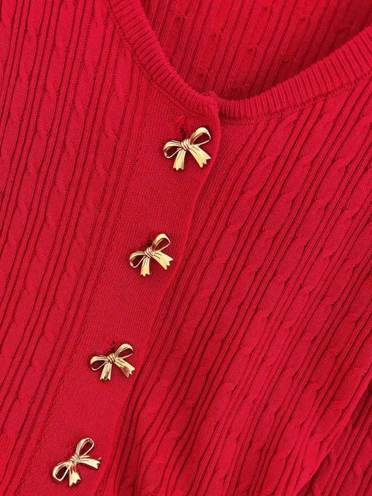 Ingvn - Women V‑Neck Knit Cardigan Bow‑Shaped Metal Buttons Peplum Hem Long‑Sleeve Slim‑Fit Cable Knit Sweater With Pockets