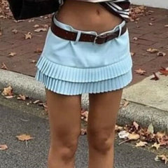 Ingvn  3 colors American Retro Light Blue Package Hips Spliced Pleated Mini Skirt Sexy Low Waist Short Skater Skirts With Shorts Lining