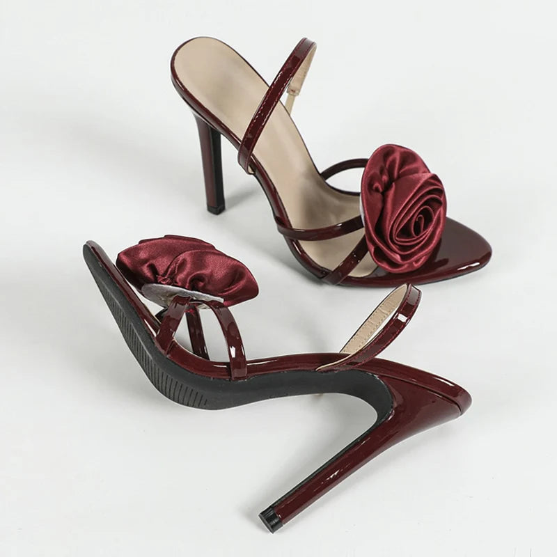 Ingvn  Summer Fashion Silk Rose Flowers Open Toe Slip On Back Strap Sandal Women Thin High Heels Wedding Prom Shoes Zapatos Mujer