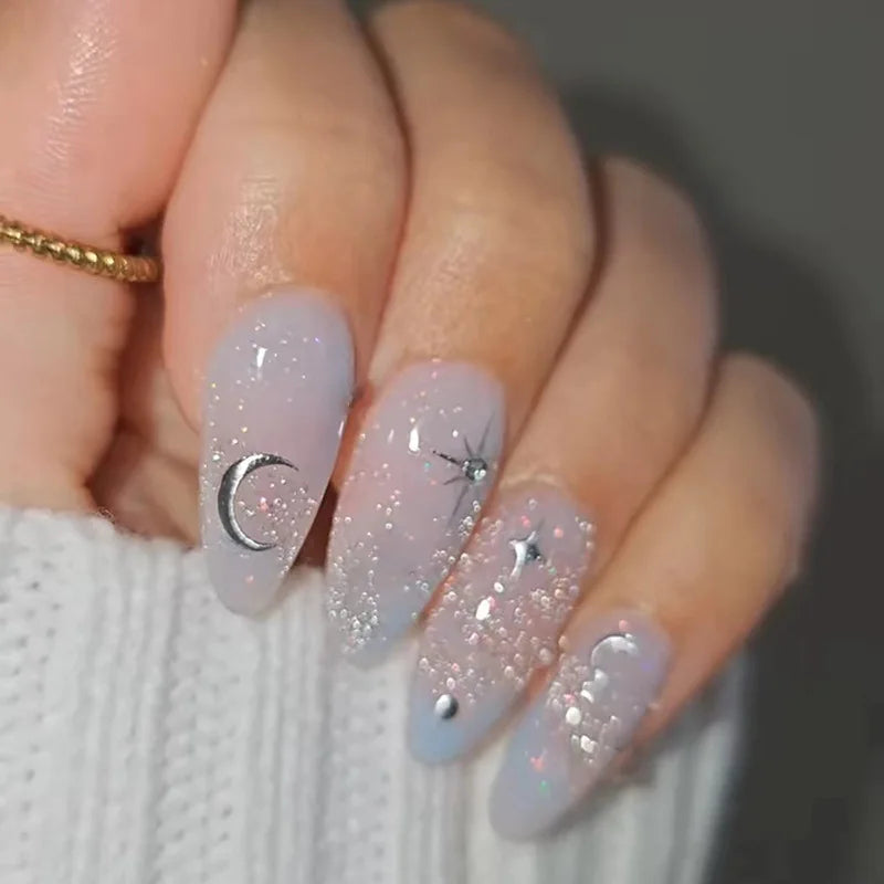Ingvn  24Pcs Glitter Blue French False Nails Press on Short Round Head Fake Nail with Moon Star Design Artifical Almond Manicure Tips
