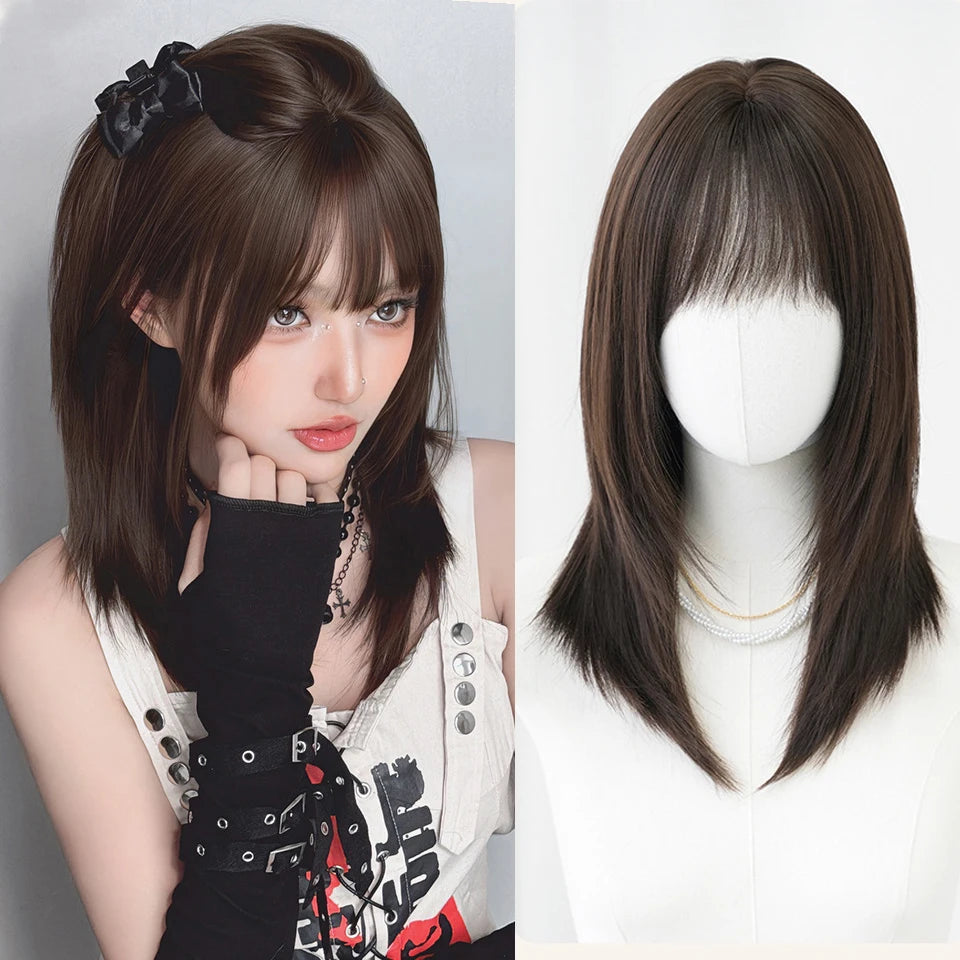Ingvn  ﻿﻿Short Golden Brown Wig Synthetic Shoulder-Length Layered Straight Hair Lolita Wigs for Women Daily Party Cosplay Halloween Wig