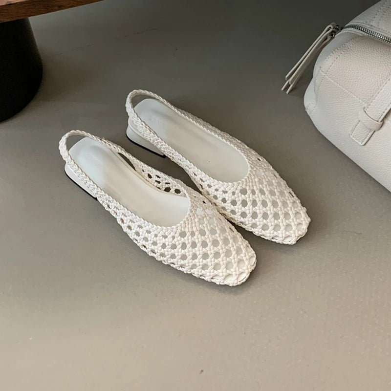 Ingvn  New Women Hollow Out Woven Mary Jane Low Heels Breathable Mesh Slip on Casual Summer Beach Women Shoes