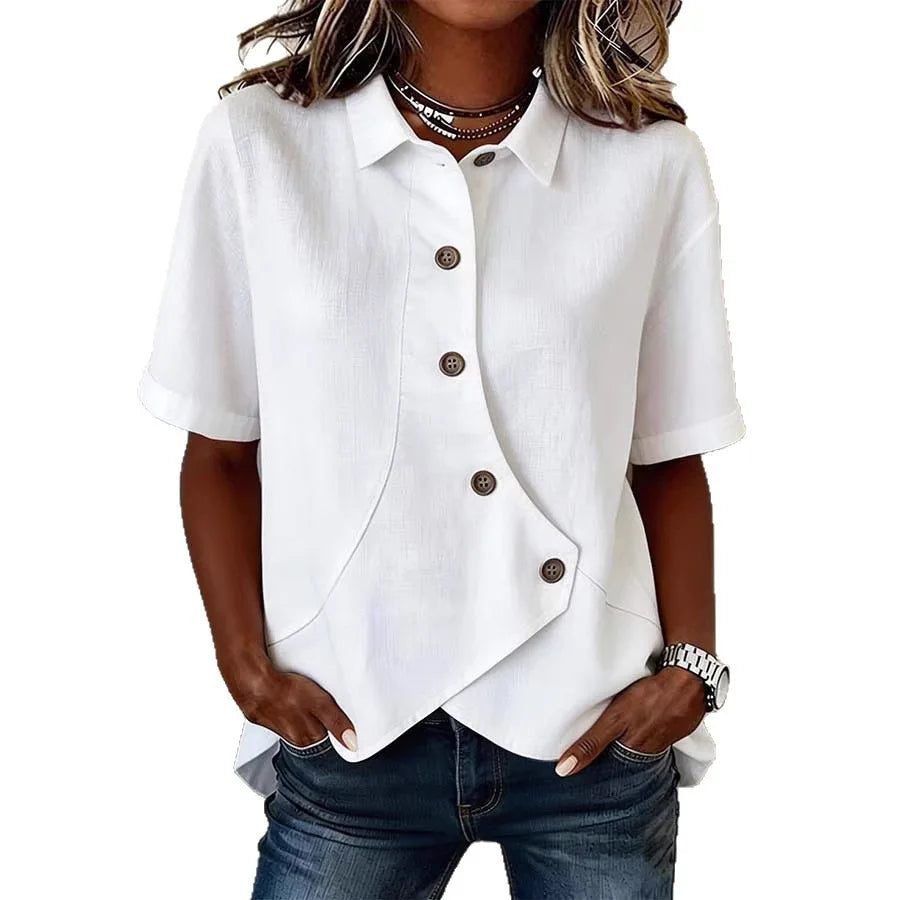 Summer Women's Casual Solid Irregular Shirt Fashion Elegant Top Button Short Sleeve Holiday Party Womens Tops And Blouses