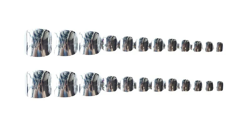 24PCS Y2K Silver Mirror False Toenails With Designs Wearable Summer Press On Short Square Glitter Fake Toe Nails Feet Nail Tips