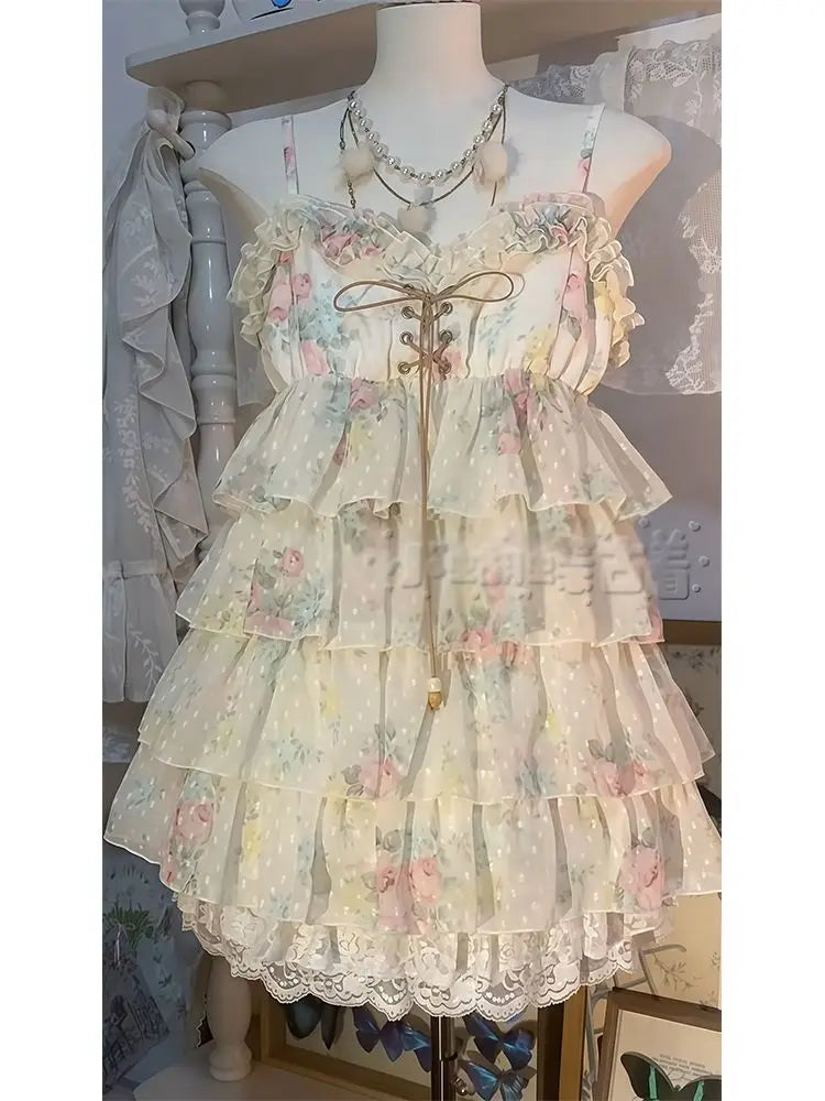 Ingvn  Y2k Sweet Lolita Floral Mini Dress Outfits Women Japanese Vintage Ruffle Dress High Waist Kawaii Cute Casual Dress Chic
