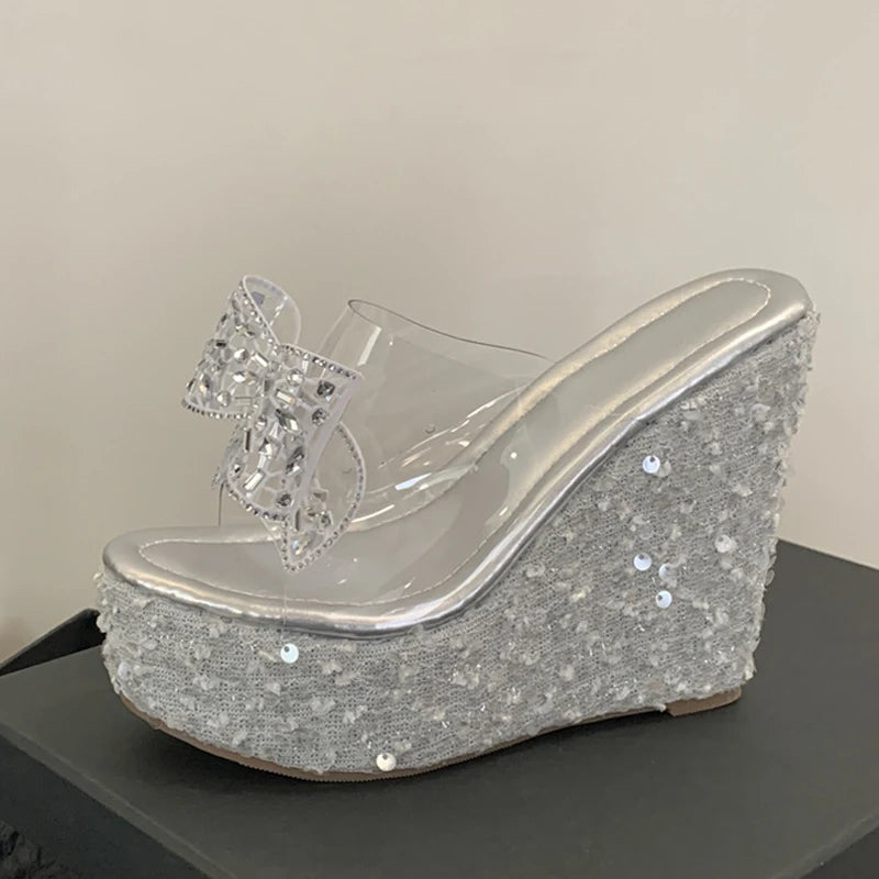 Ingvn  PVC Transparent Women Platform Slipper Fashion Crystal Rhinestone Bowknot High Heels Wedge Sandals Summer Party Dress Shoe