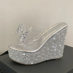 Ingvn  PVC Transparent Women Platform Slipper Fashion Crystal Rhinestone Bowknot High Heels Wedge Sandals Summer Party Dress Shoe