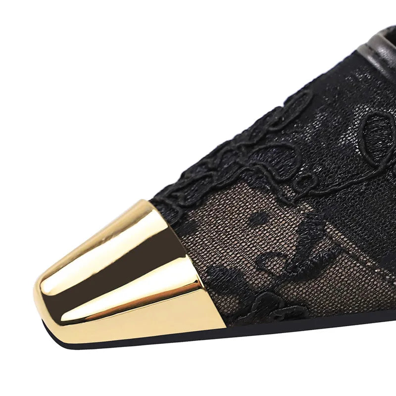 Ingvn  Fashion Metal Square toe Lace Air Mesh Women Pumps Elegant Thin High heels Office Lady Shoes Spring Autumn Party Dress Shoes