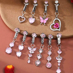 Ingvn  2pcs Cute Fake Belly Ring for Women - Pink CZ Heart & Butterfly Dangle Clip On Navel Rings, 304 Stainless Steel, Non-Pierced