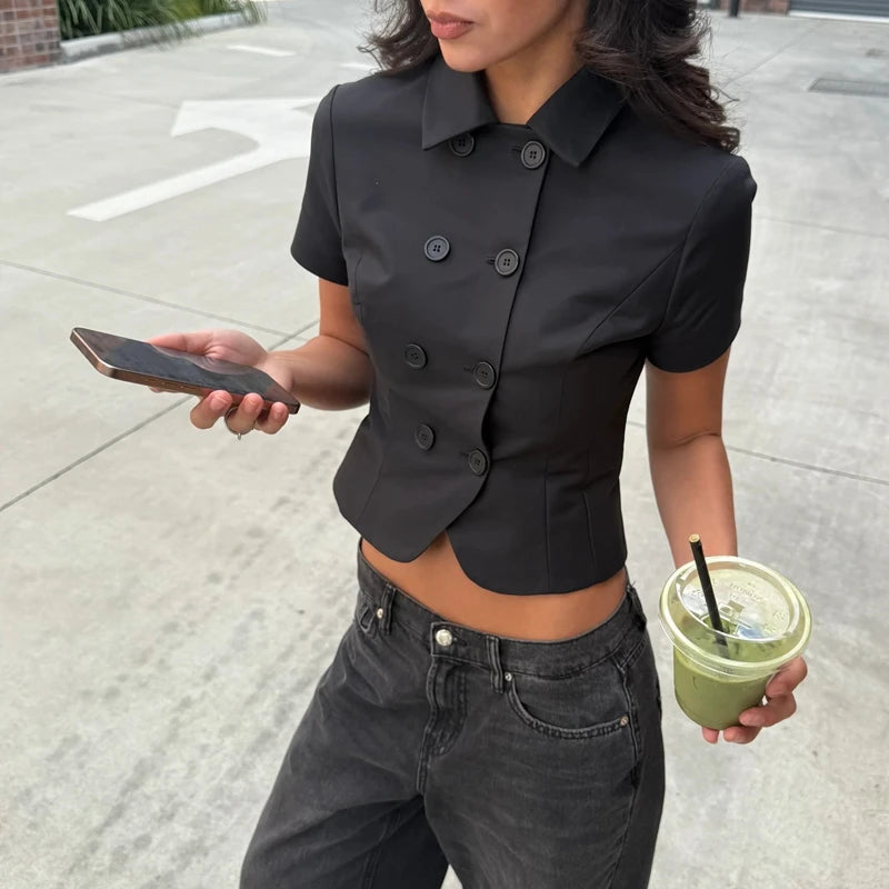 Ingvn  Women Summer Y2k Short Sleeve Coat Double Breasted Shirt Solid Color Lapel Turn-down Collar Slim Fit Blouse Crop Tops