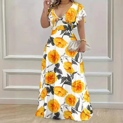 Ingvn  Women's XL-5XL Plus Size Hot selling V-neck elegant and casual printed long dress with large hem for women's clothing Women's
