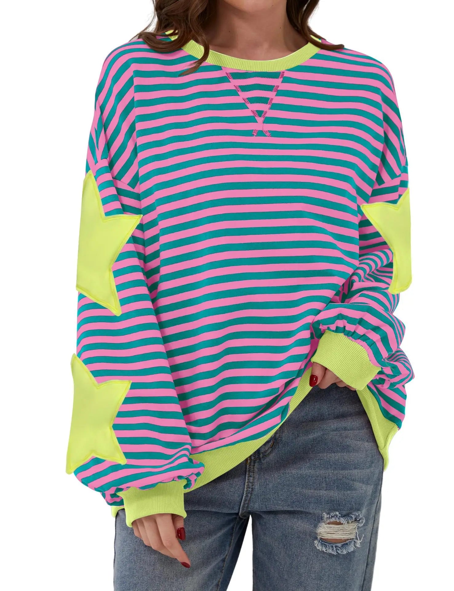 Ingvn - Women Casual Striped Sweatshirt Spring Star Patchwork Round Neck Long Sleeve Loose Pullover Daily Wear