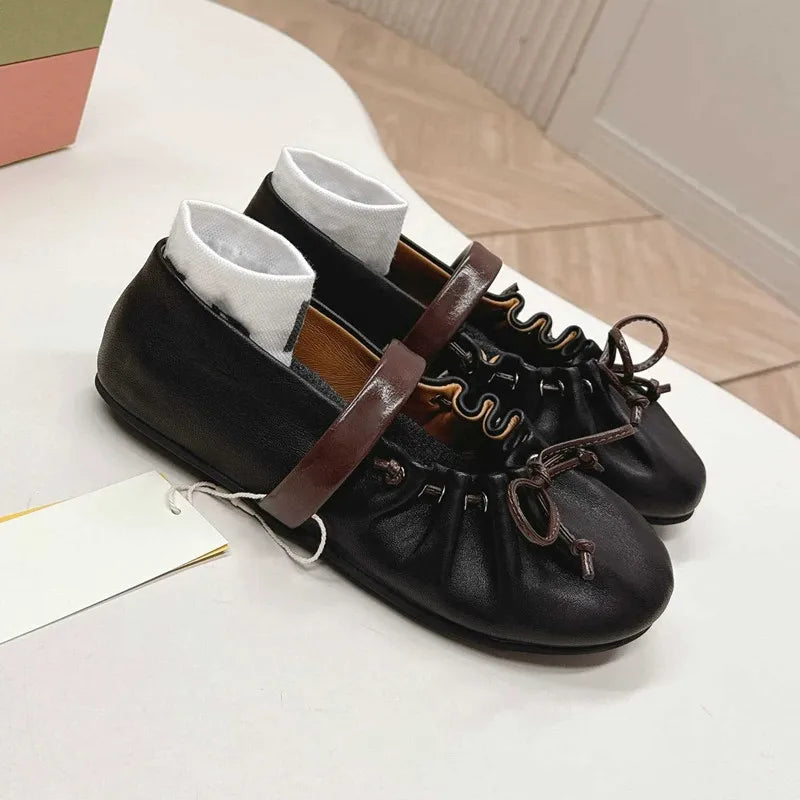 Ingvn  Ins style Fashion Pleated Bowknot Ruffle Women Ballet Flats Spring Summer Soft Leather Mary Janes Walking Loafers Casual Shoes