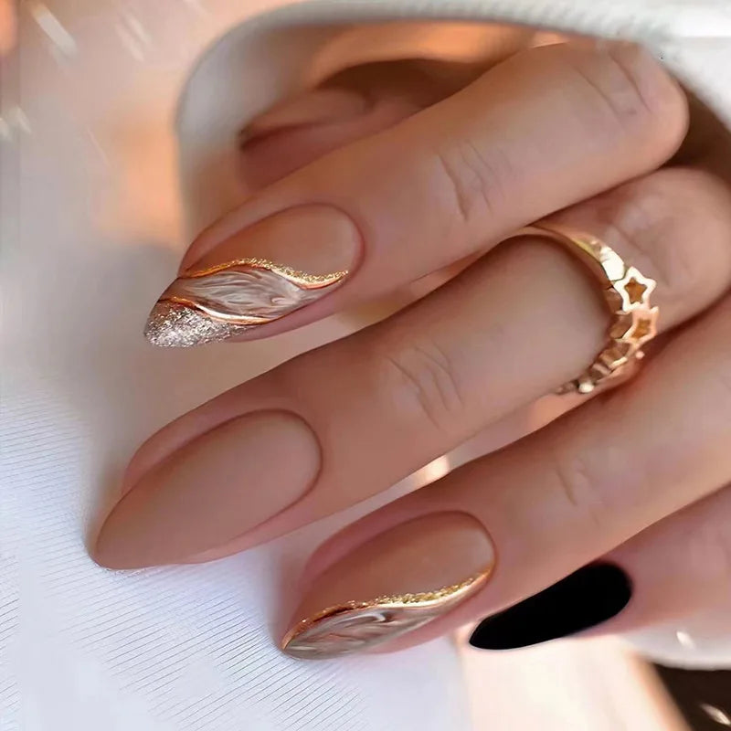 Ingvn  24Pcs Almond Fake Nail with Leaves Design Simple Brown False Nails Wearable French Oval Press on Nails Reusable Stiletto Nails