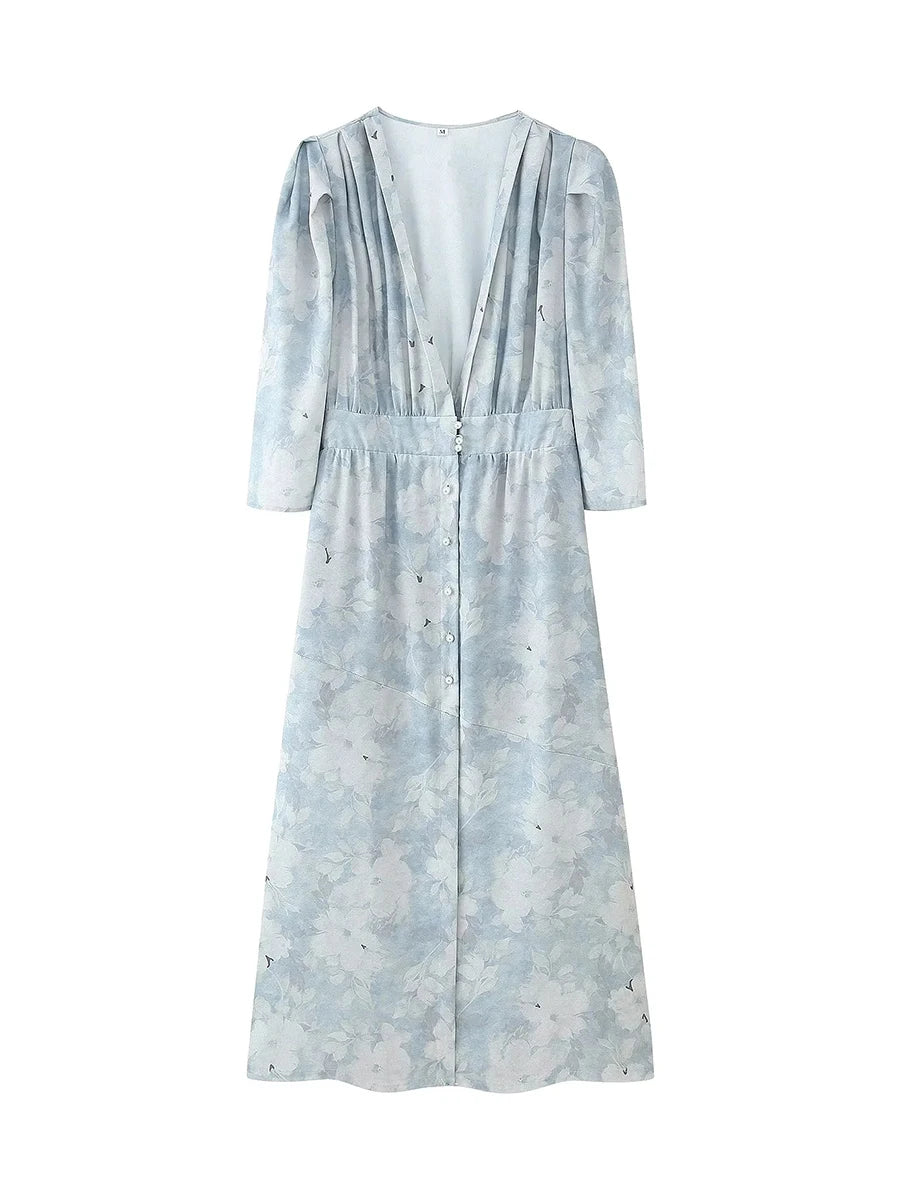 Ingvn  Vintage Printing Dresses for Women Deep Neck Shoulder Pad Wrist Sleeves High Waist Temperament Midi Dress Female
