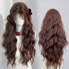 Ingvn  Long Wavy Brown Middle Part Wig Synthetic Lolita Wig Natural Cosplay Party Wig Daily Wear Halloween Costume Y2K Orange Wig