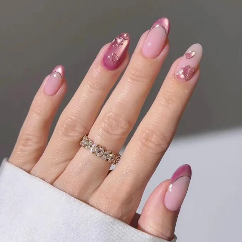 Ingvn  24Pcs Ins Simple French Full Cover Fake Nail Tips Almond Green Cat's Eye Press on False Nails Fashion Leaves Nails Set Wearable