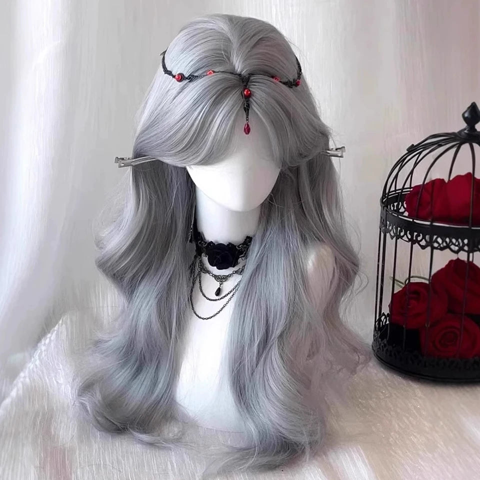 Ingvn  Long Wavy Grey Wig with Bangs Synthetic Cosplay Wig Daily Wear Natural Heat Resistant Wig Halloween Costume Wig for Women