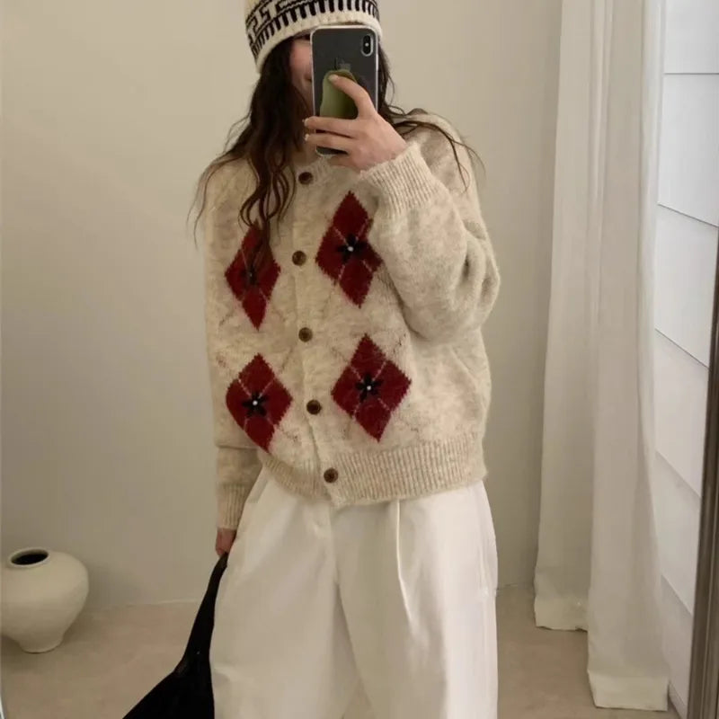 Ingvn - Women's Autumn Winter New Round Neck Color Block Argyle Knit Cardigan Loose Sweater Coat Chic Coquette Trendy  Sweater