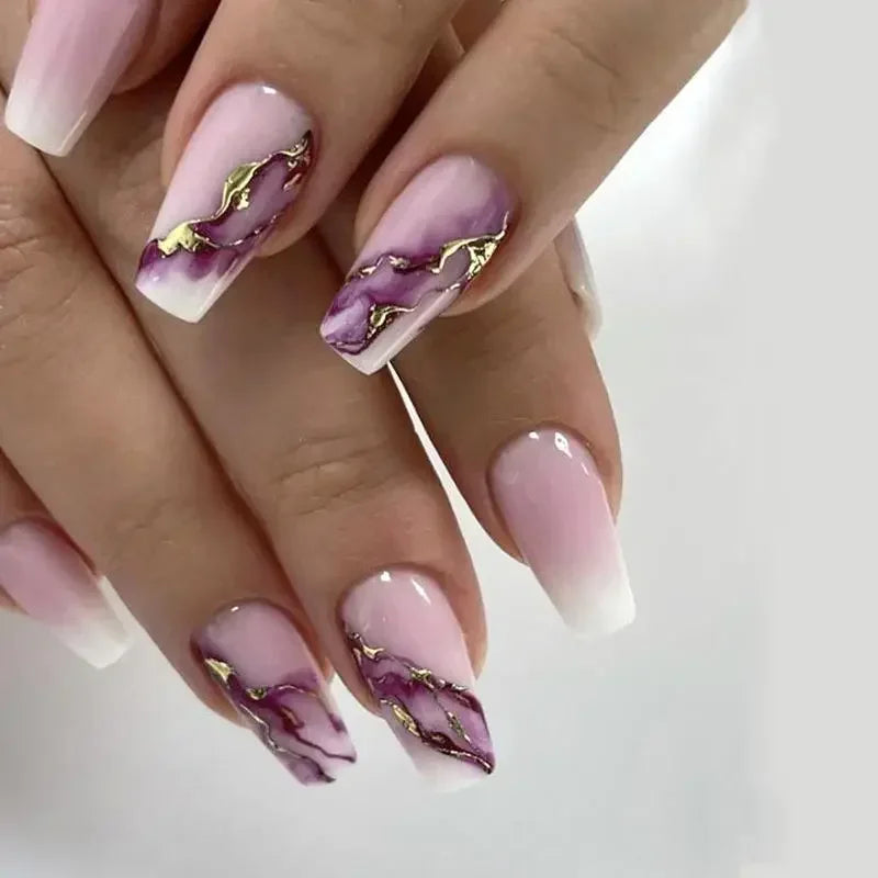 Ingvn  24Pcs Simple Blue French Fake Nails with Diamond Love Pattern Design False Nails Press on Mid-length Ballet Full Cover Nail Tips