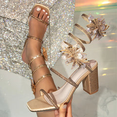 Ingvn  New Gold Silver Square Toe Rhinestone Flower Snake Twine Around Party Prom Shoes Elegant High Heels Sandals Women