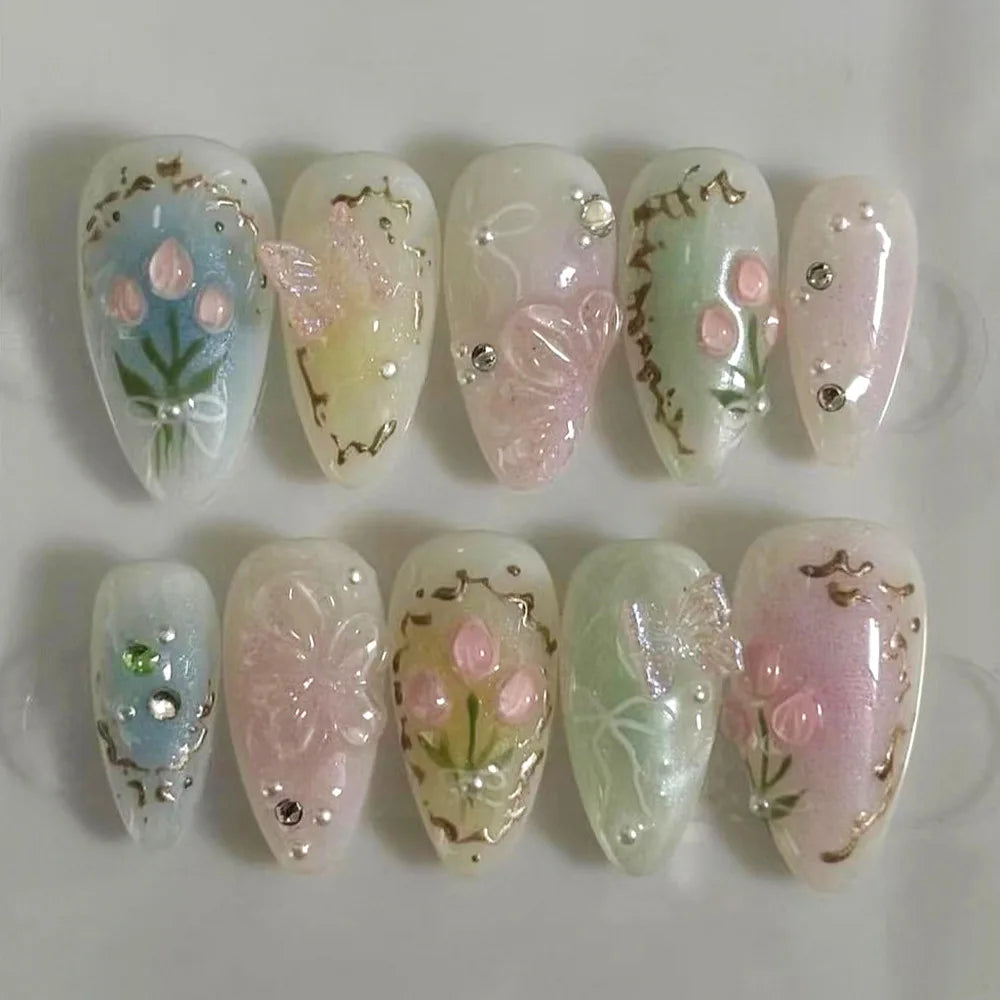 Ingvn  24Pcs Gradient Polka Dot Design Full Cover Fake Nail Tips Wearable Almond False Nails Tomato Star Pattern Short Press on Nails