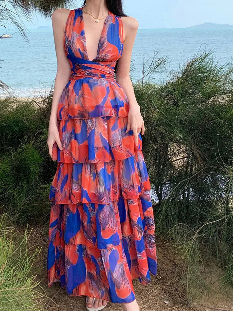 Ingvn  Sexy Floral Print Cascade Ruffles Hem Dress Women Halter Cross Tie Bow Backless Holiday Vocation Dresses Robe Korea Clothes