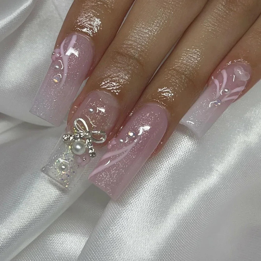 Ingvn  24Pcs Simple Blue French Fake Nails with Diamond Love Pattern Design False Nails Press on Mid-length Ballet Full Cover Nail Tips