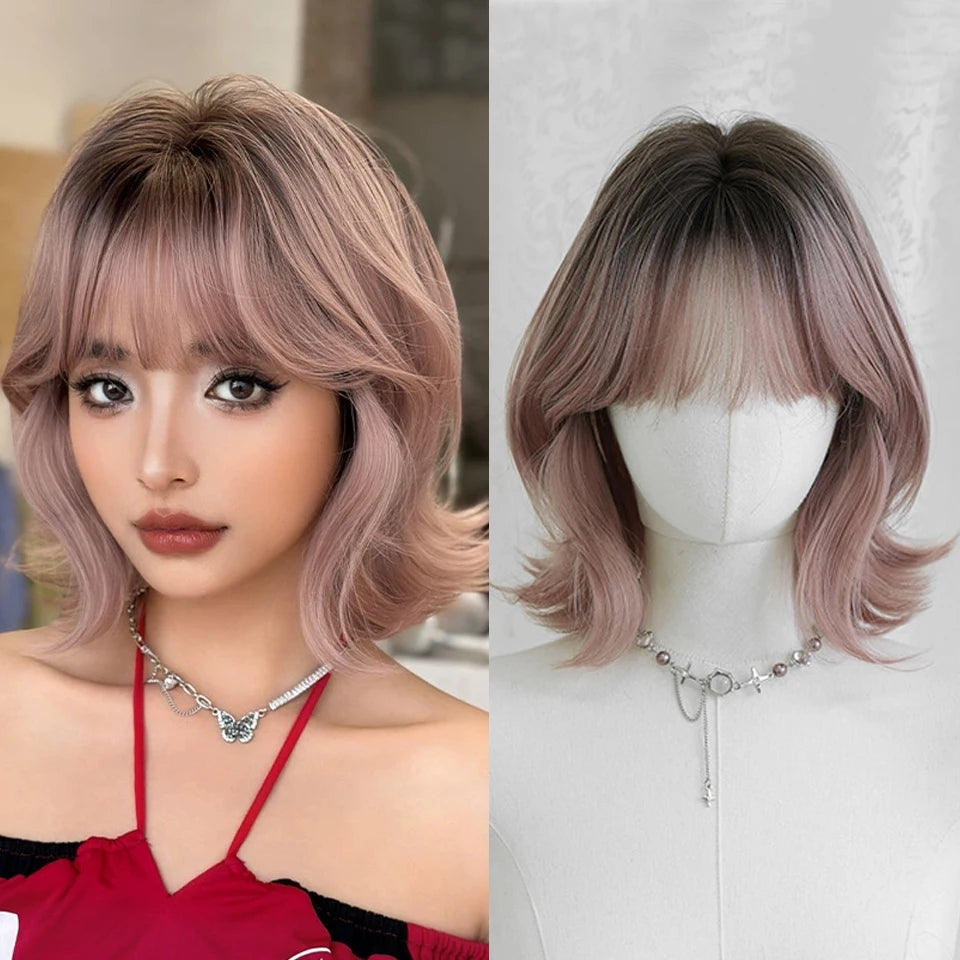Ingvn  ﻿﻿Short Golden Brown Wig Synthetic Shoulder-Length Layered Straight Hair Lolita Wigs for Women Daily Party Cosplay Halloween Wig