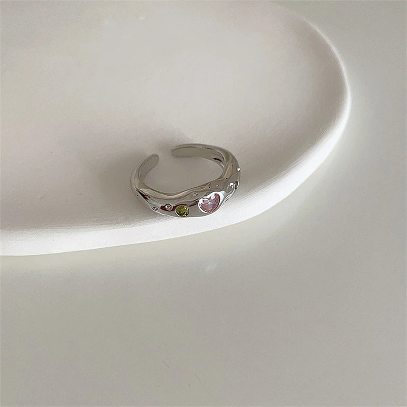 Ingvn  Pink Crystal Irregular Heart Rings Creative Zircon Bowknot Opal Love Heart Open Ring Y2K Shiny Rings for Women Party Jewelry