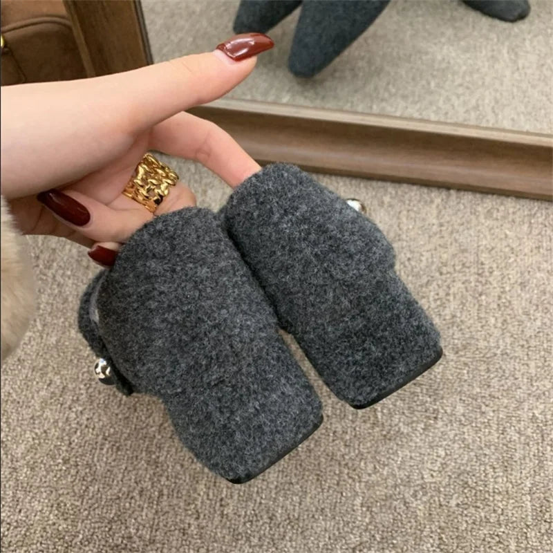 Ingvn  Autumn Winter New Korean Version French Light Luxury Retro Niche Design High-heeled Square Plush Single Shoes Women's Shoes