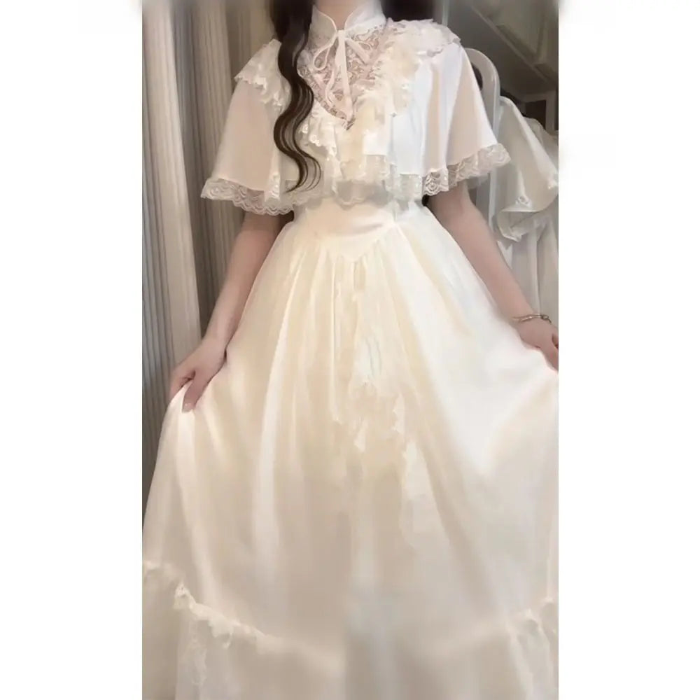 Ingvn  Elegant Vintage Lace White Lolita Dresses Summer Sweet Puff Sleeve Dress for Women New Slim Sweet Midi Dress Vestidos Mujer