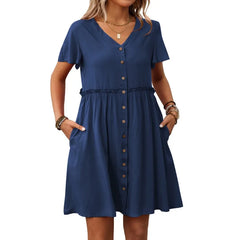 Ingvn  Summer New Women's V-neck Short-sleeve Ruffle Hem Dress