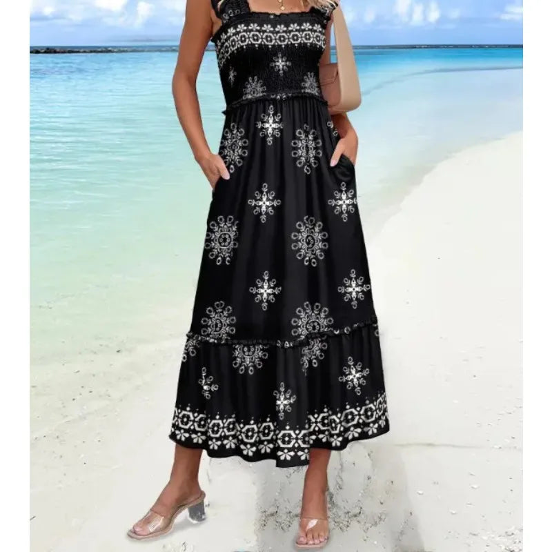 Ingvn  New Fashion Women's Waist Cinching Holiday Style Dress Ladies Elegant Sleeveless Foral Printed Elastic Waist Midi Skirt