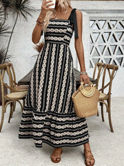 Ingvn  Summer Spring Women's Clothing Striped Strap High Waist A Line Dress Polyester V Neck Sleeveless Slim Fit S