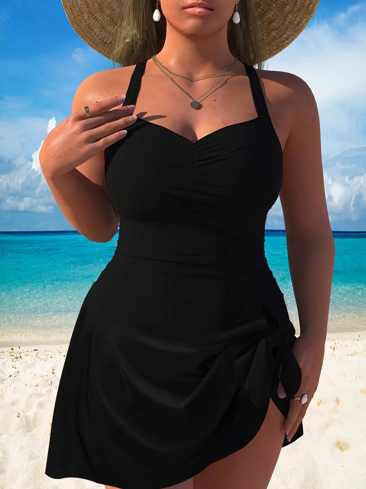 Ingvn  Women Plus Size Swimsuit Halter Neck Swimwear Ruched Bust Swimsuit High Waist Bathing Suit Solid Black Woman Women's Wrap Skirt