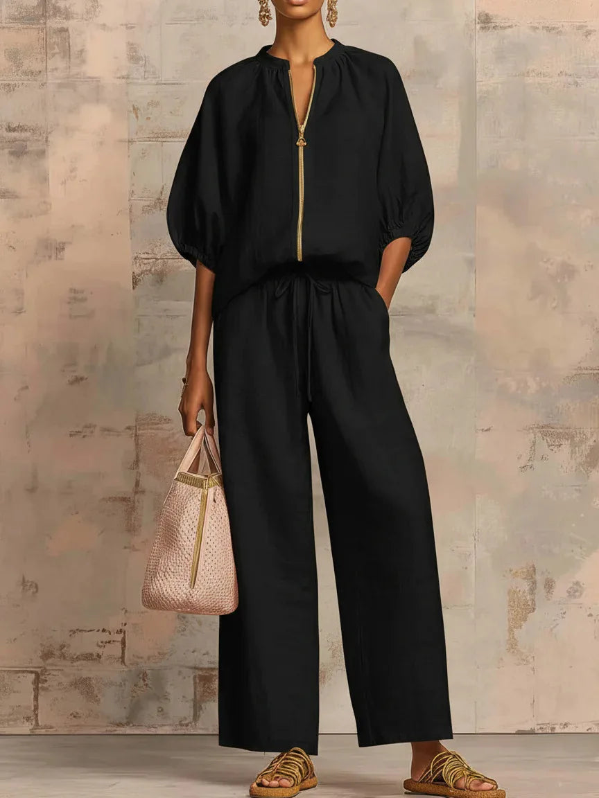 Ingvn  Womens Matching Sets Summer Casual Loose Zipper Tops And Wide Leg Pants 2 Piece Set Outfits Women Elegant
