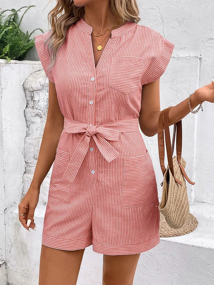 Ingvn  Summer Women's Clothing Casual Striped Short Sleeve Romper For Woman Elegant Commuter Playsuit Lightweight Cotton Capri Pants
