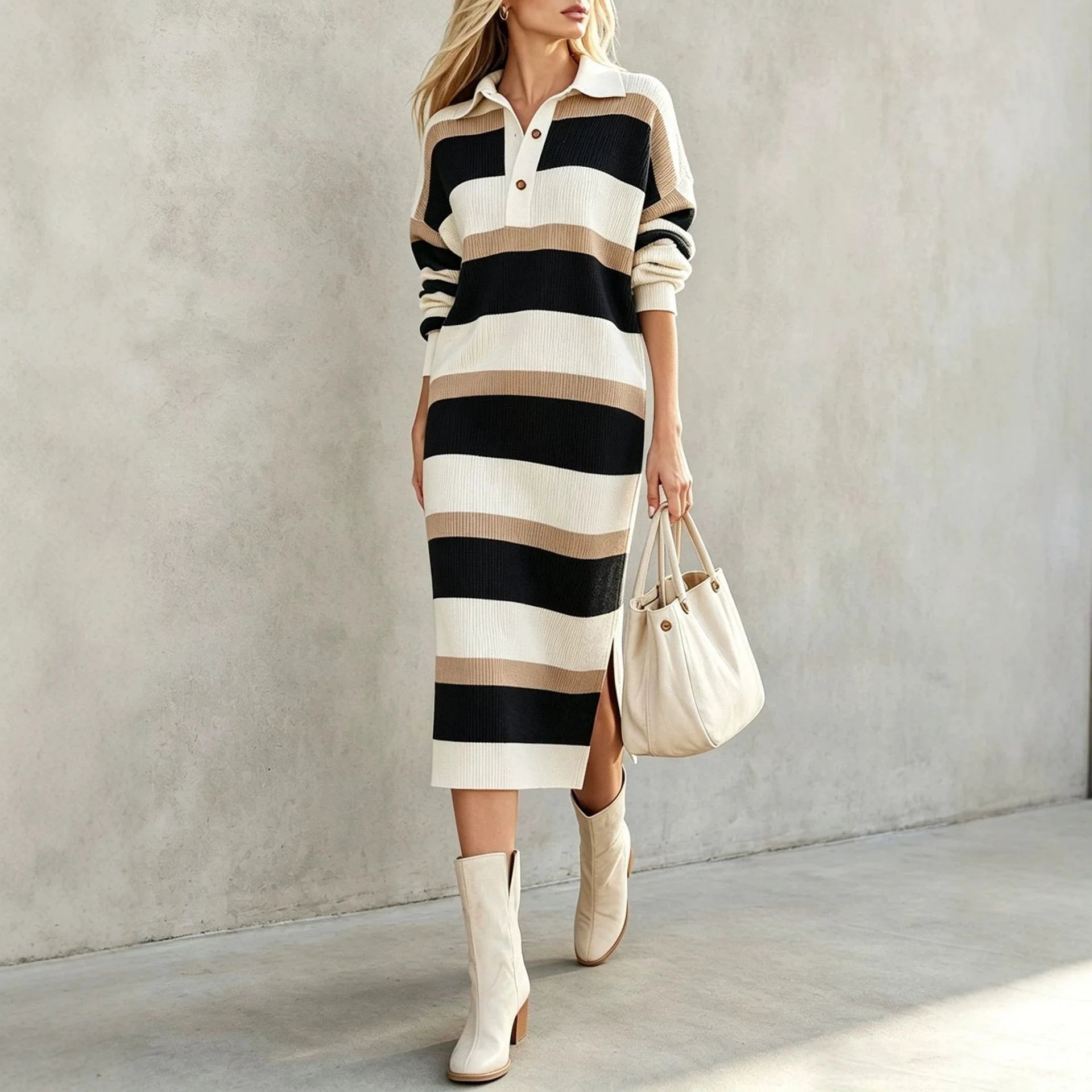 Ingvn - Women's Striped Knit Midi Dress Polo Collar Long Sleeve Button Color Block Loose Casual Autumn Winter Ladies Sweater Dresses