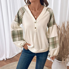 Ingvn - Women Hooded Sweatshirt Plaid Splicing Long Sleeve V Neck Button Pullover Lazy Texture Casual Top