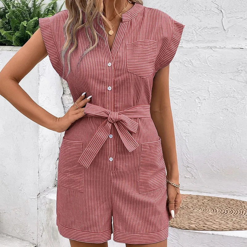 Ingvn  Summer Women's Clothing Casual Striped Short Sleeve Romper For Woman Elegant Commuter Playsuit Lightweight Cotton Capri Pants