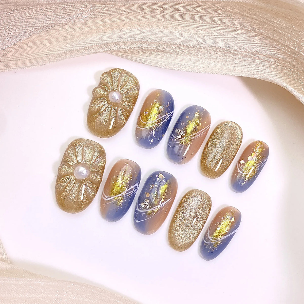Ingvn  10Pcs Blending Color Round Head Handmade False Nails Set with Rhinestone Brown Cat's Eye Design Press on Nails Reusable Nail Tip