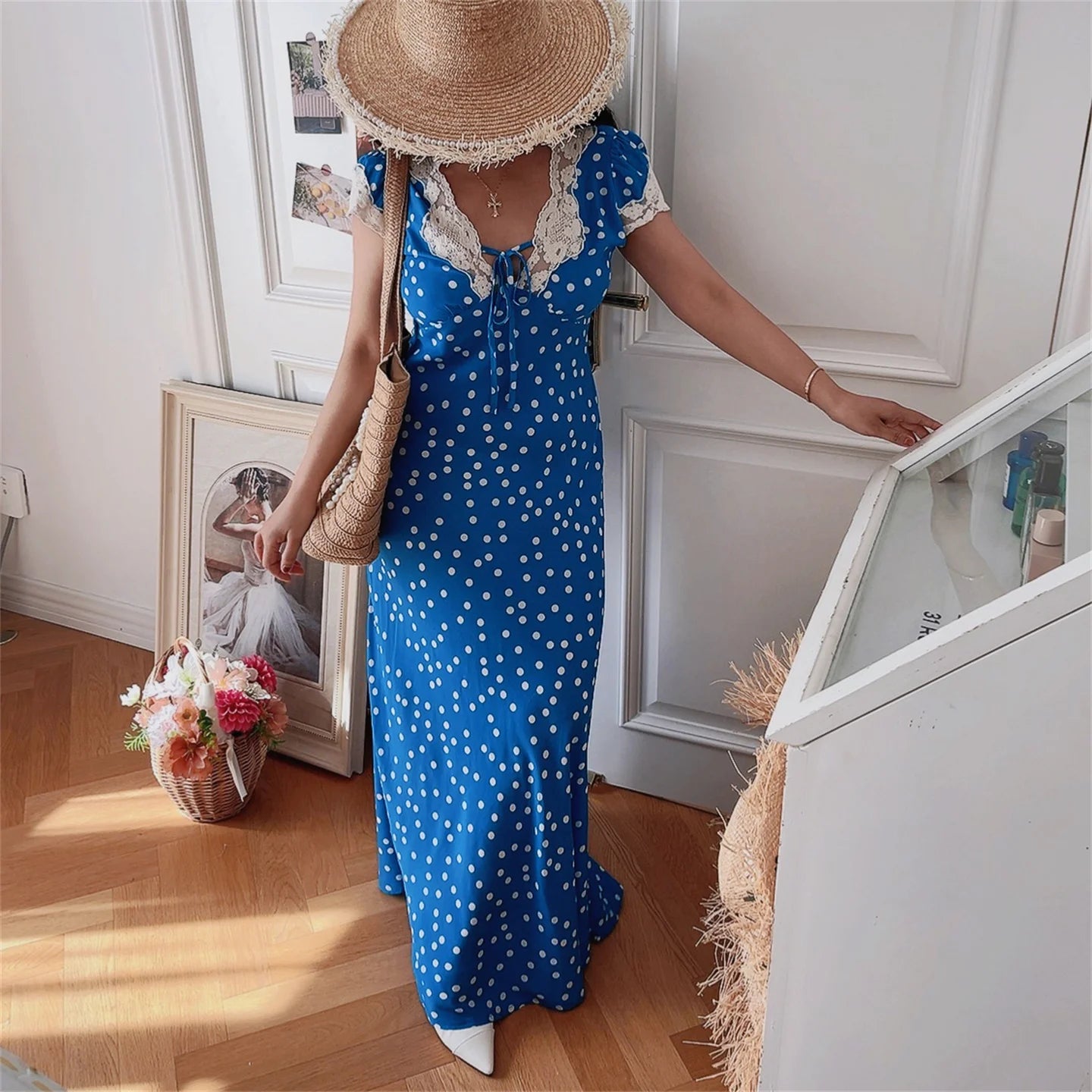 Ingvn  Blue Polka Dot Lace Bubble Sleeve Long Dress Chenopod Spring Summer Vintage Style Holiday Dress Women's H Version Polyester
